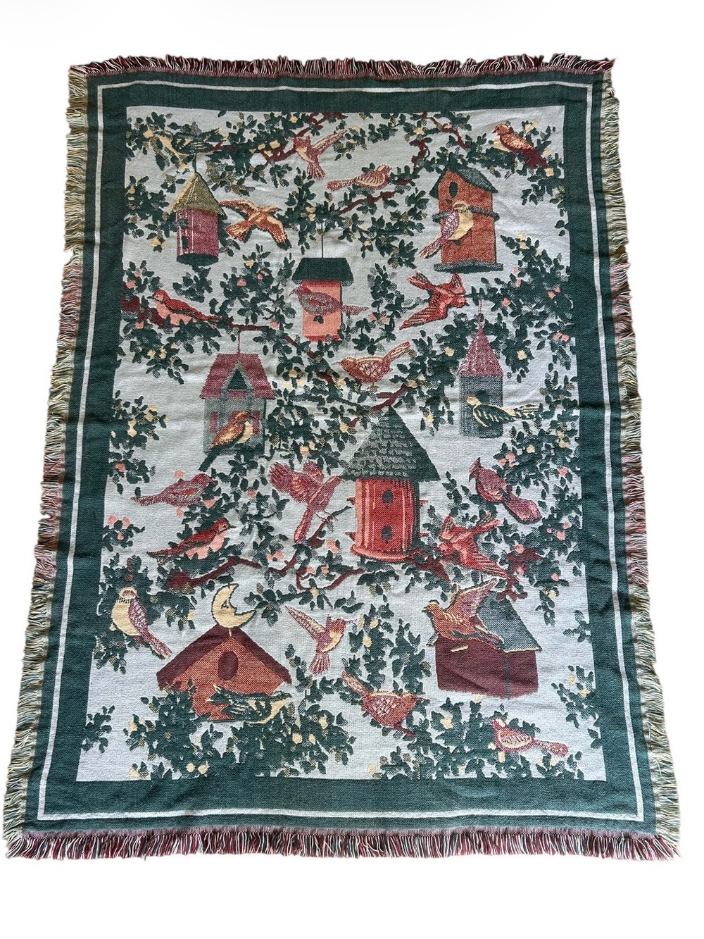 Goodwin Weavers Birdhouses Cotton Tapestry Jacquard Woven Throw Blanket Vtg USA